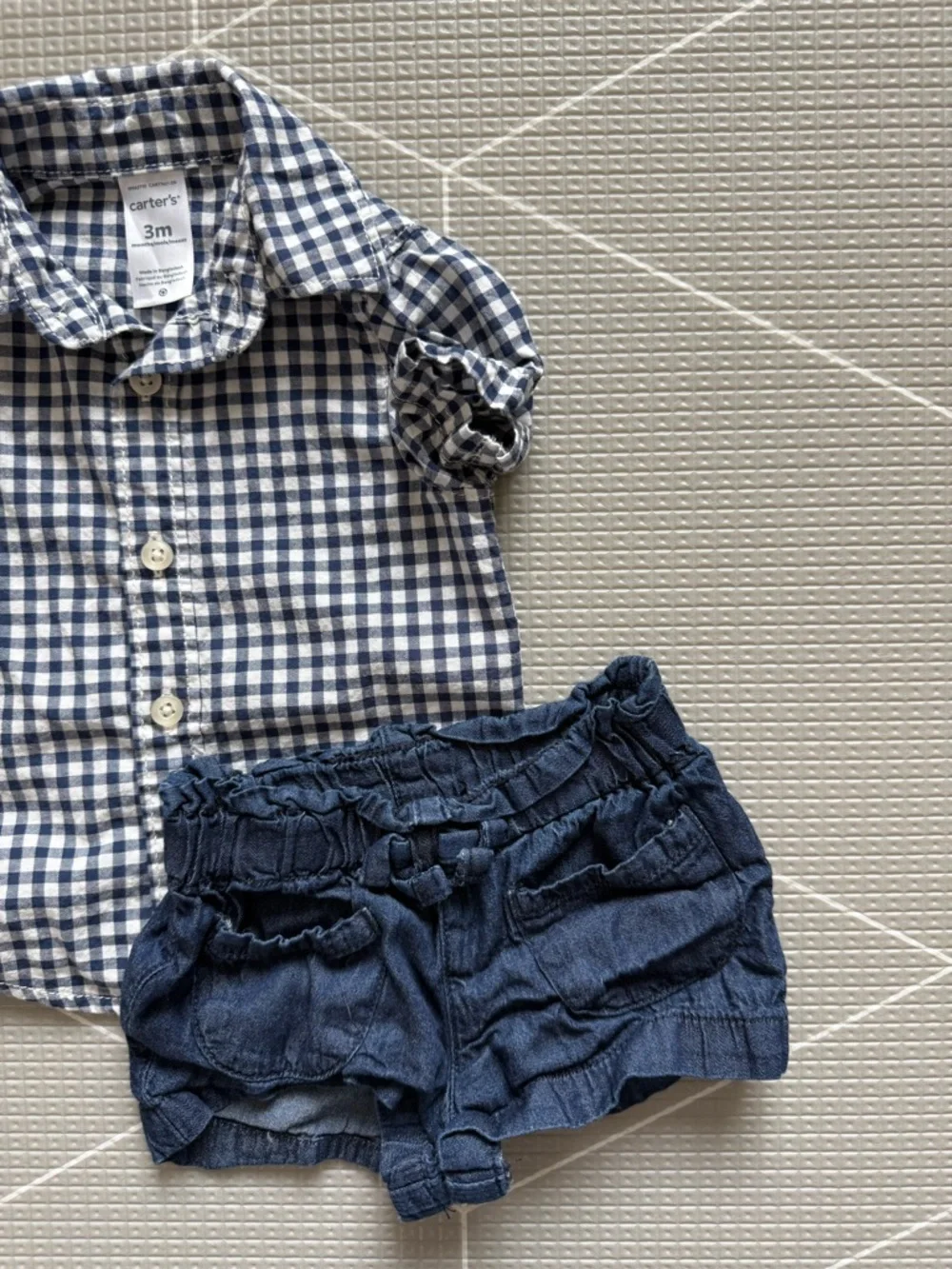 Carter's|Baby girl Navy & White Gingham Button-Up Shirt,short sleeve & shorts•••